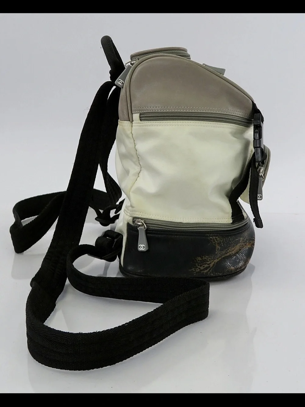 CHANEL Cream and Taupe Men's Canvas Backpack with Black Straps